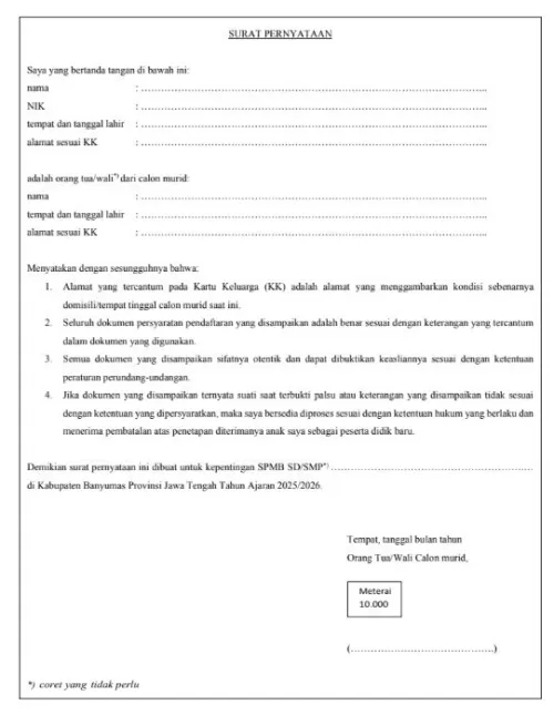 Contoh Surat Pernyataan SPMB Online 2025